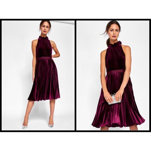 💕TED BAKER💕 Cornela Pleated Velvet Midi Dress ~ Oxblood TB4 US 10 NWT - Picture 3 of 17